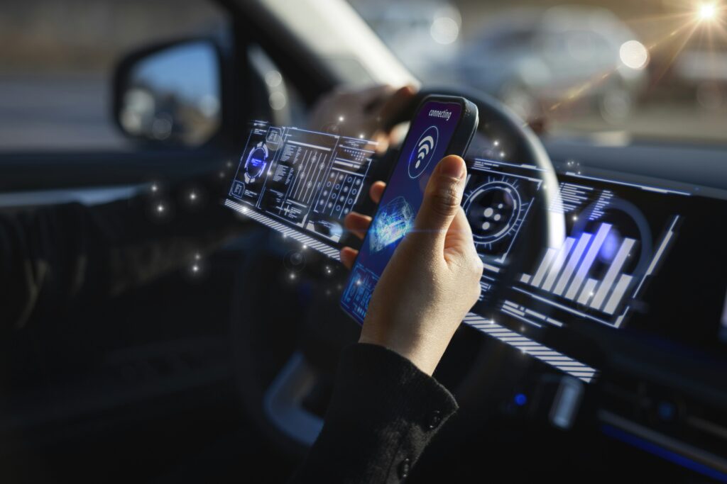 High-tech car with driver. AI fairness, trustworthiness, accountability, transparency