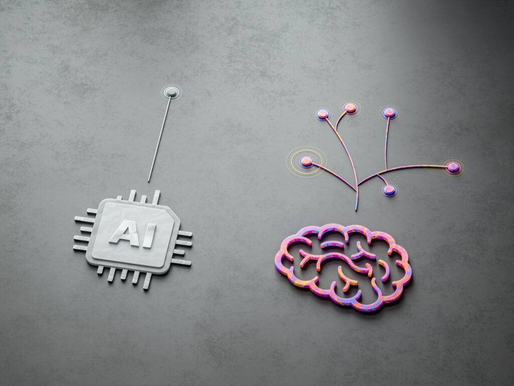 picture of AI vs. human brain represents ai productivity assistance