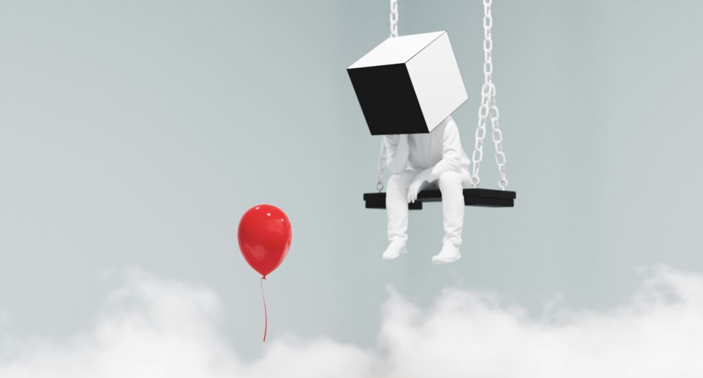 Reflection is one of the most essential meta learning strategies. Character on swing hanging from sky, thinking.