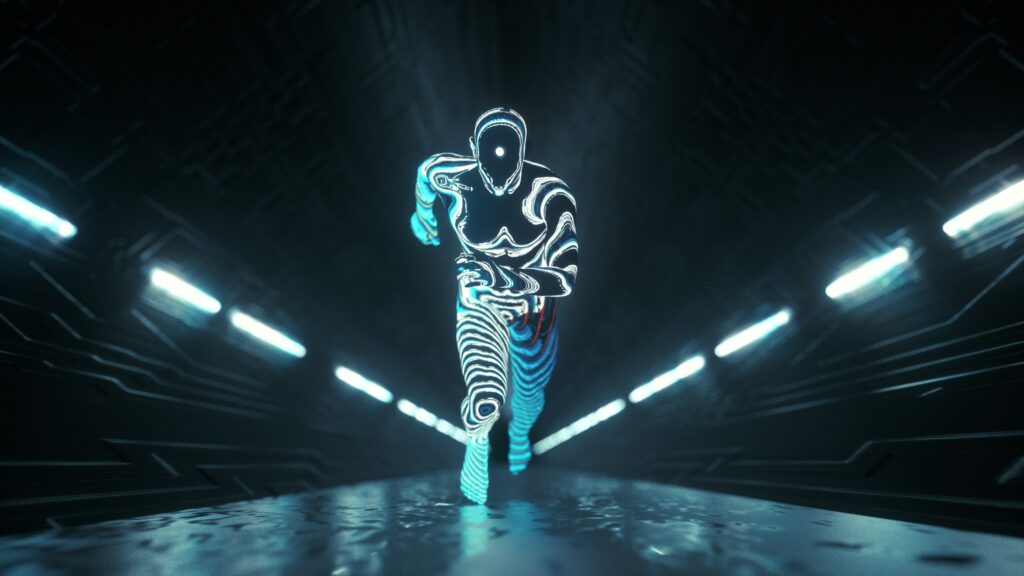Moving to augmentation of human skills with AI is a transformational leadership skill and practice. Photo of a humanoid running.