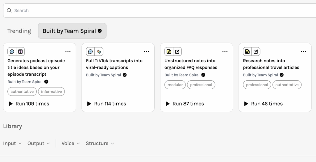Screenshot showing Spiral templates that convert your text into different formats is one of many AI-driven productivity strategies
