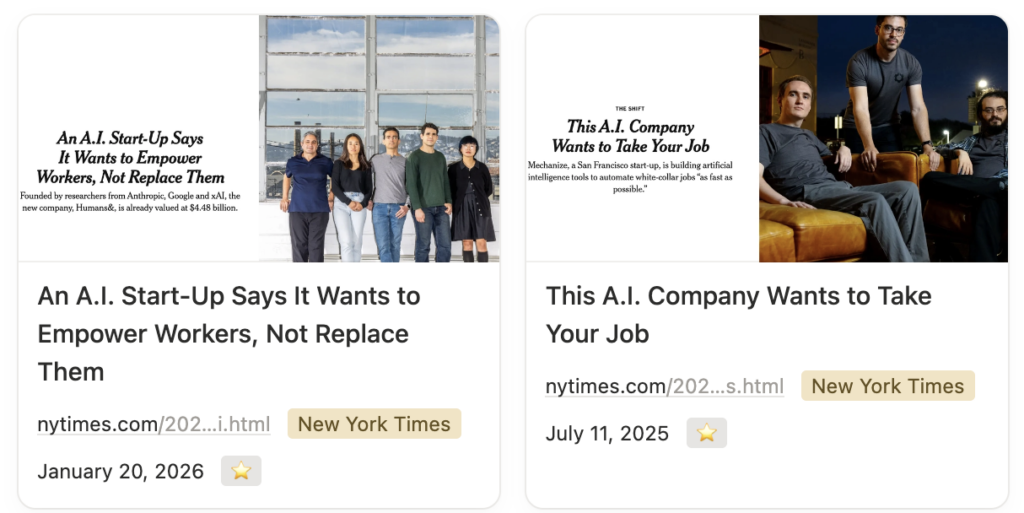 Side-by-side contradictory articles (NYT screenshot). Scan articles regularly to build digital leadership skills and digital literacy for employees