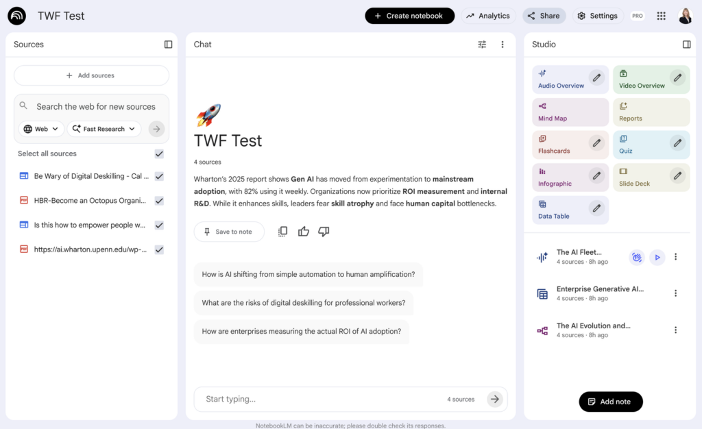 A screenshot of the NotebookLM that I used to create this blog and experiment with rapid learning techniques